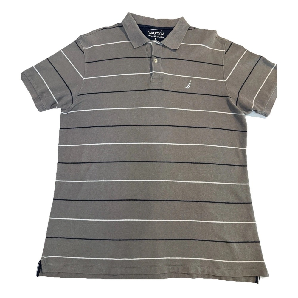 Nautica Men's Polo‎ Shirt Size L Gray Striped Short Sleeve True Deck Shirt